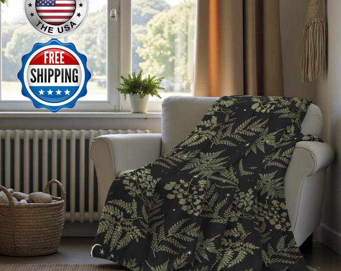 Cottagecore witchy Celestial fern forest Ultra Soft Blanket, Green Nature Botanical Blanket, Cottagecore Fall Throw , Tapestry Blanket