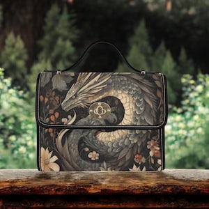 Sac cartable Cottagecore Dragon Fantasy Boho, sac à main en cuir végétalien noir foncé academia, sac à main dragon fantaisie, sac cartable en toile automne