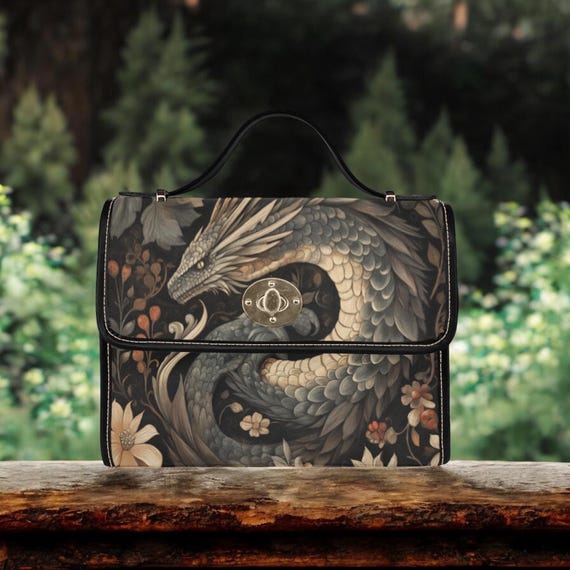Cottagecore Dragon Fantasy Boho satchel bag, Dark academia Black Vegan leather trim handbag, Fantasy dragon purse, Autumn canvas satchel bag