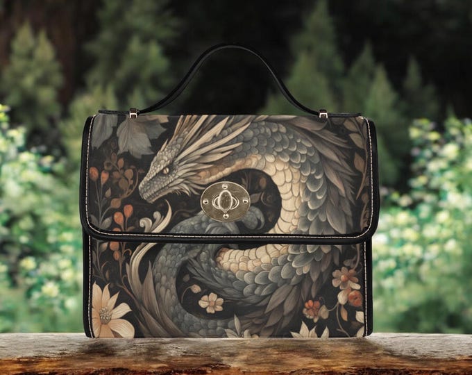 Cottagecore Dragon Fantasy Boho satchel bag, Dark academia Black Vegan leather trim handbag, Fantasy dragon purse, Autumn canvas satchel bag
