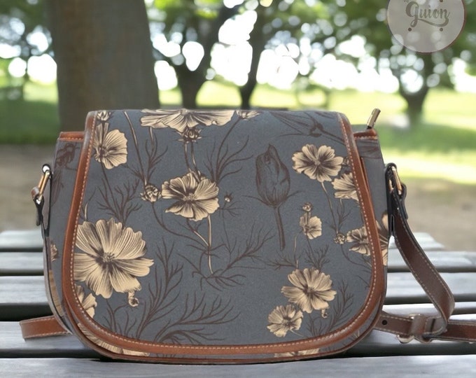 Rose and flowers cute Vegan leather saddle bag, Mothers day gift, gift for her, crossed body purse women, hippies boho gift, rose purse