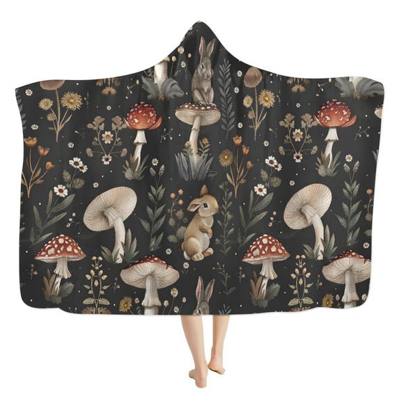 Cute rabbits in forest hooded blanket, Wildflower Witchy cozy blanket throw, Fairycore Boho hooded cloak Cape Blanket, boho hippies gift
