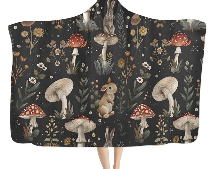 Cute rabbits in forest hooded blanket, Wildflower Witchy cozy blanket throw, Fairycore Boho hooded cloak Cape Blanket, boho hippies gift