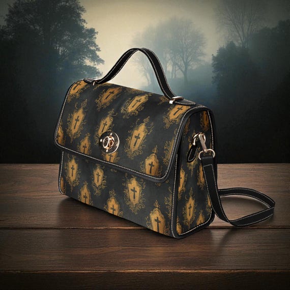 Dark Gothic Crosses Canvas Satchel Bag, Ghost Dark Academia Halloween Purse, PU Leather Top Handle Bag, Witchcore Bag, boho hippies gift