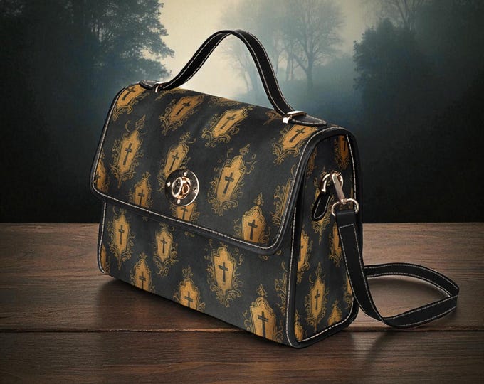 Dark Gothic Crosses Canvas Satchel Bag, Ghost Dark Academia Halloween Purse, PU Leather Top Handle Bag, Witchcore Bag, boho hippies gift