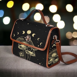 Celestial Moon Canvas Umhängetasche, Niedliche Pilz Pilz Geldbörse, süße Schultertasche aus veganem Leder, Geschenk für Sie und Ihn