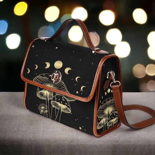 Celestial Moon Canvas Satchel bag, Cute women mushroom crossed body purse, cute vegan leather strap hand bag goth bag, hippies boho gift