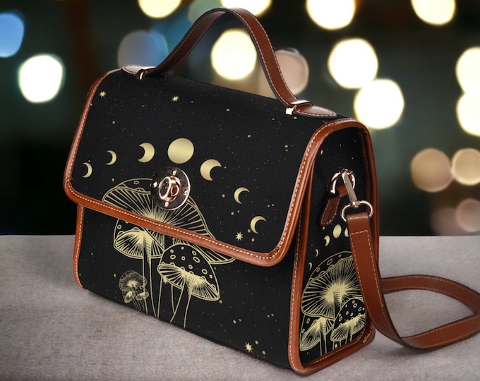 Celestial Moon Canvas Satchel bag, Cute women mushroom crossed body purse, cute vegan leather strap hand bag goth bag, hippies boho gift