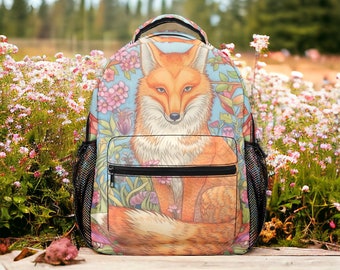 Cute Cottagecore forest animal Fox backpack, nature forest backpack, back to school day pack, botanical nature witchy fox school bag
