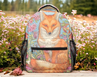 Cute Cottagecore forest animal Fox backpack, nature forest backpack, back to school day pack, botanical nature witchy fox school bag