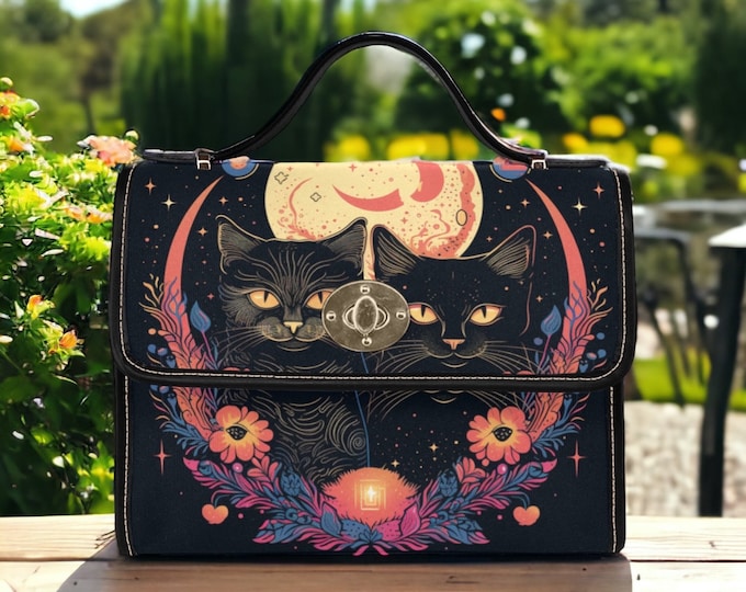 Witchy Black Cats Boho Canvas Satchel bag, Cottagecore ferns cute witch crossbody purse, vegan leather strap goth bag, hippies boho gift