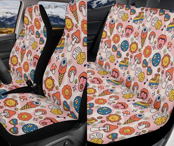 Retro Groovy Vibes Car Seat Cover for Women Universal Fit, Colorful 90s Bucket Seat Cover for Car Vehicle full set, Aesthetic Car Seat Cover