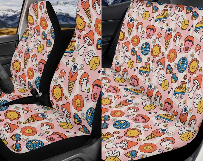 Retro Groovy Vibes Car Seat Cover for Women Universal Fit, Colorful 90s Bucket Seat Cover for Car Vehicle full set, Aesthetic Car Seat Cover