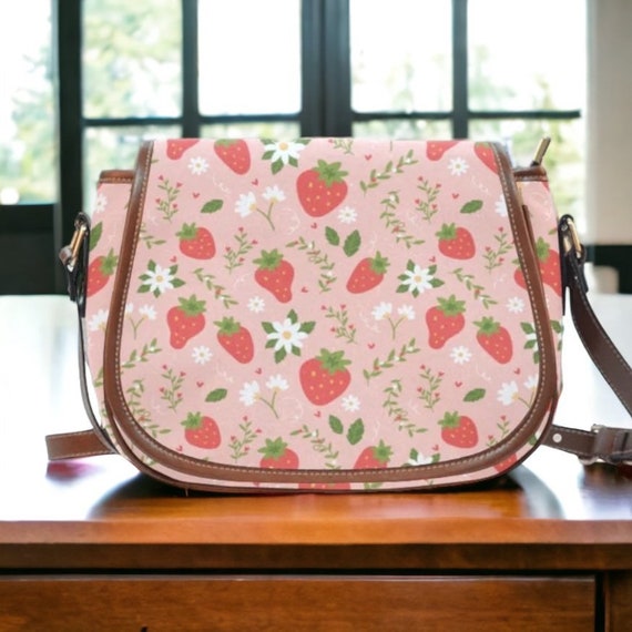 Cute Strawberry Boho Saddle Bag , Aesthetic Cottagecore Pink Boho Bag Large space inside, cute pink strawberry bag vegan leather brown strap
