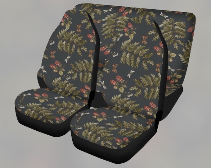 Green Fern Black Car Seat Covers, Nature Cottagecore Seat Covers for vehicle, Nature car interior decor, car accessories gift