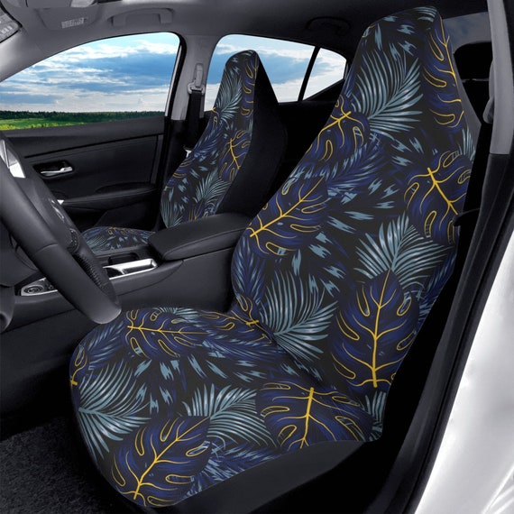 Blue Tropical Leaves Boho Car Seat Cover For Women, Cottagecore Cute Blue Floral Front Bucket Seat Cover For Car Vehicle, Nature seat cover