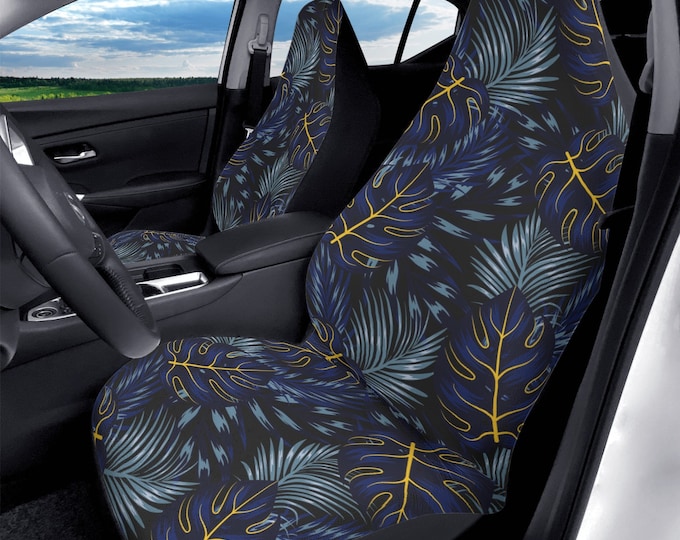 Blue Tropical Leaves Boho Car Seat Cover For Women, Cottagecore Cute Blue Floral Front Bucket Seat Cover For Car Vehicle, Nature seat cover