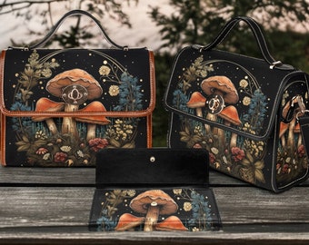 Cottagecore Witch Canvas Satchel Bag, Cute Mushroom Moon