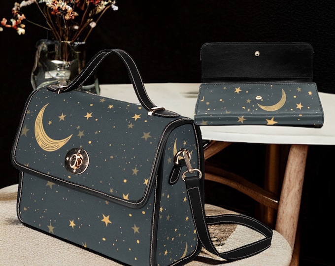 Cottagecore witch Canvas Satchel bag, Cute women Celestial crossed body purse, cute vegan leather strap hand bag goth bag, hippies boho gift