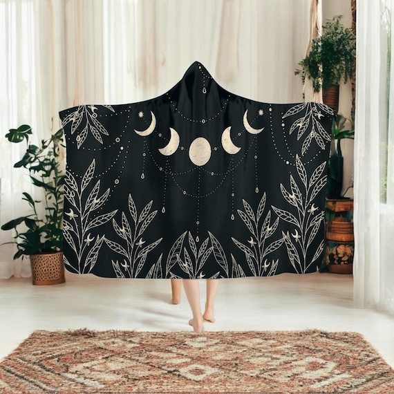 Cottagecore Moon floral hooded blanket, Maximalist Witchy lounging cozy blanket throw, Fairycore Boho hooded cloak Cape Blanket hippies gift