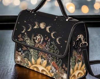 Cottagecore Mystical Sun Canvas Satchel bag, Cute women moon phase cross body purse, borsa a mano con cinturino nero, hippy boho regalo di San Valentino