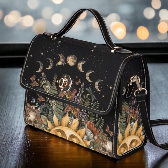 Cottagecore Mystical Sun Canvas Satchel bag, Cute women moon phases crossed body purse, black strap hand bag, hippies boho Valentine’s gift