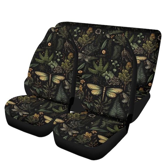 Green Fern Forest Moth Car Seat Cover Set, Green witch Fern Moth Front back seat cover, Car interior decor, Cottagecore car accessories gift