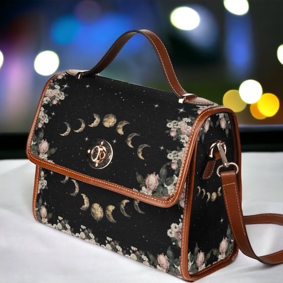 Cottagecore witch Roses Canvas Satchel bag, Cute women rose moon crossed body purse, cute vegan leather goth moth moon phases bag