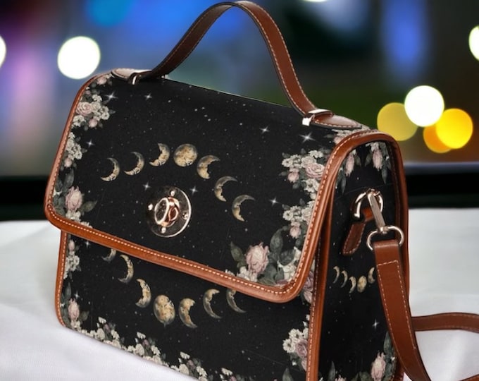 Cottagecore witch Roses Canvas Satchel bag, Cute women rose moon crossed body purse, cute vegan leather goth moth moon phases bag