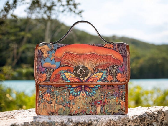 Witchy moth retro Canvas Satchel bag, moon phase mystical purse, Vegan leather strap boho hippies bag, Witch bag, goth bag, cottagecore bag