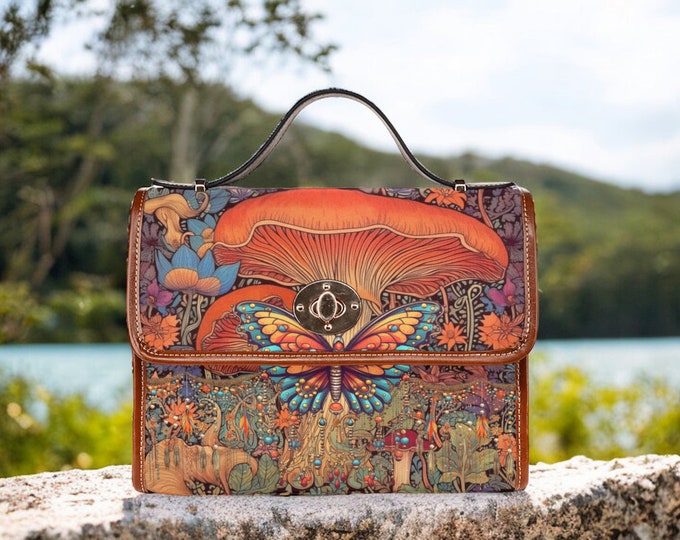 Witchy moth retro Canvas Satchel bag, moon phase mystical purse, Vegan leather strap boho hippies bag, Witch bag, goth bag, cottagecore bag