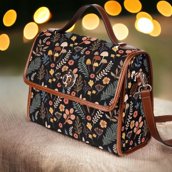 Cottagecore Boho Canvas Satchel bag, Cute women mushroom crossed body purse, cute vegan leather strap hand bag boho bag, hippies boho gift