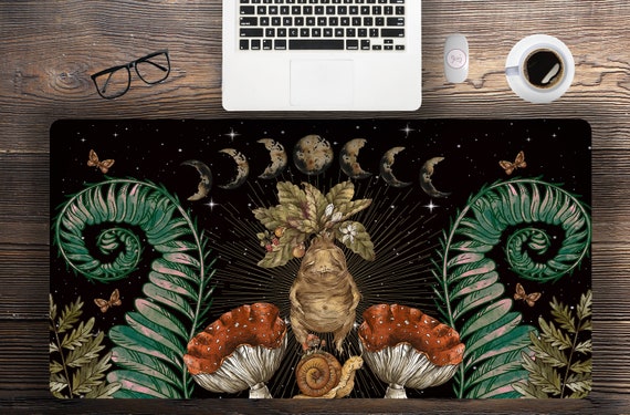 Black Cottagecore mushroom moon phase Occult witch desk mat, witchy Pagan mouse pad tarot mat, XXL Wicca aesthetic mousepad wrist rest