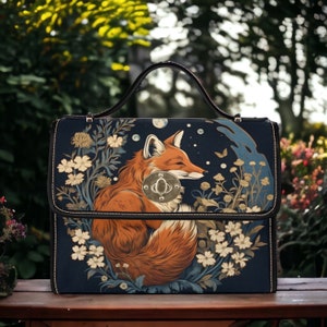 Retro Fox in the Forest Canvas Satchel bag, Cottagecore forestcore crossbody purse, cute vegan leather strap goth bag, hippies boho gift Black