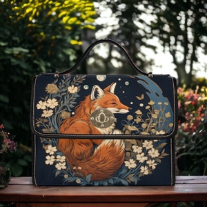 Retro Fox in the Forest Canvas Satchel bag, Cottagecore forestcore crossbody purse, cute vegan leather strap goth bag, hippies boho gift