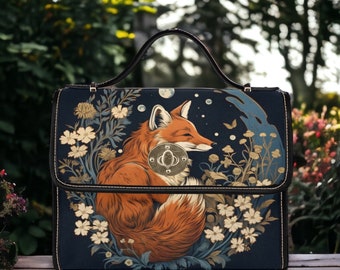 Retro Fox in the Forest Canvas Satchel bag, Cottagecore forestcore crossbody purse, cute vegan leather strap goth bag, hippies boho gift