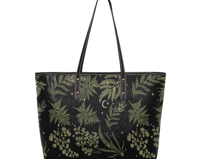 Boho Fern forest Black Leather Tote bag, Witchy Moon purse, Cute Vegan leather strap Dark Cottagecore, Cottagecore Aesthetic Tote Bag