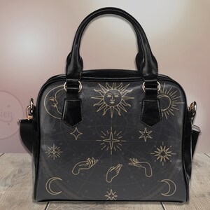 Mystique Astro Moon Sun Witchy bowler sac à main, Cute Witch PU Sac à bandoulière en cuir végétalien, Sac à main Witch, Mignon petit sac à main noir