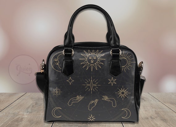 Mystical Astro Moon Sun Witchy bowler hand bag, Cute Witch PU Vegan leather shoulder strap bag, Witch purse handbag, Cute small black purse