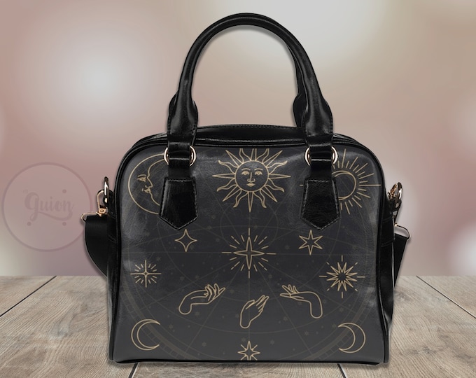 Mystical Astro Moon Sun Witchy bowler hand bag, Cute Witch PU Vegan leather shoulder strap bag, Witch purse handbag, Cute small black purse