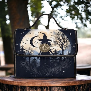 Bolso de bruja oscura, bolso cruzado gótico con diseño de cuervo y bruja y luna, bolso cruzado de brujería, bolso con correa de cuero vegano con estilo de bruja, regalo
