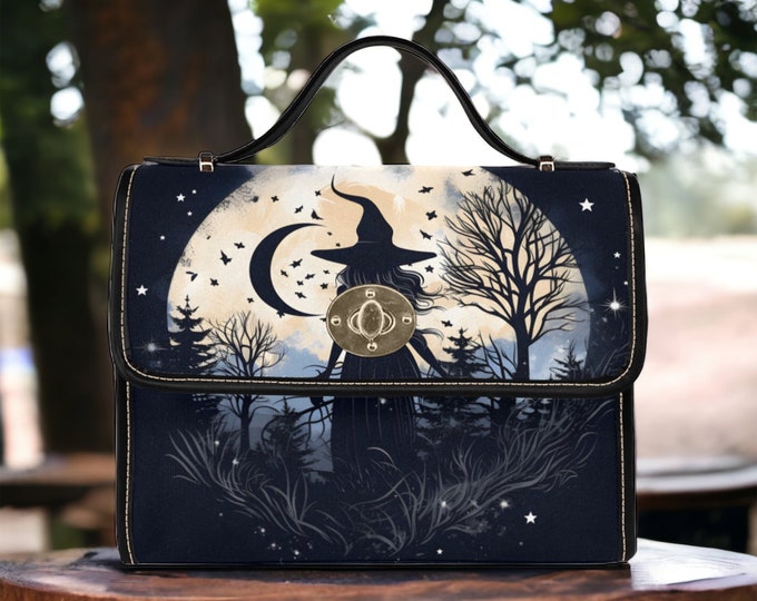 Dark Witchy Bag, Witch and Moon Gothic Crossbody Crow Handbag, Witchcraft Crossbody hand bag, Witch Stylish Vegan Leather Strap Bag Gift