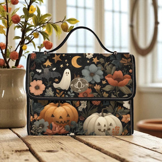 Boho Cottagecore Halloween Canvas Satchel Bag, Ghost Dark Academia Pumpkin Purse, Top Handle Bag, Witchcore Bag, Goth Ghosts boho hippie Bag