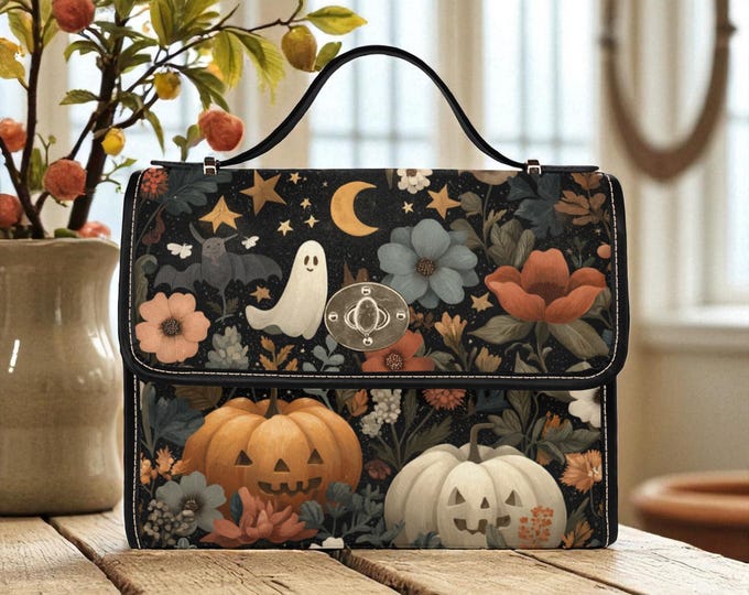 Boho Cottagecore Halloween Canvas Satchel Bag, Ghost Dark Academia Pumpkin Purse, Top Handle Bag, Witchcore Bag, Goth Ghosts boho hippie Bag