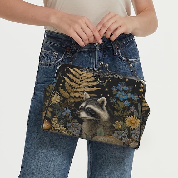 Retro Raccoon in Fern Forest Kisslock Bag - Vegan Leather Kisslock Purse, Witchy Crossed body Mushroom purse, goth bag, hippies boho gift
