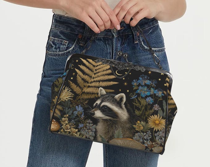 Retro Raccoon in Fern Forest Kisslock Bag - Vegan Leather Kisslock Purse, Witchy Crossed body Mushroom purse, goth bag, hippies boho gift