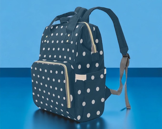 Grey Polka Dots Blue Diaper Bag Backpack, Boho Unisex Diaper Bag, Polka dots Bag, Blue Diaper Bag Backpack For Dad and Mommy, Mother’s Day