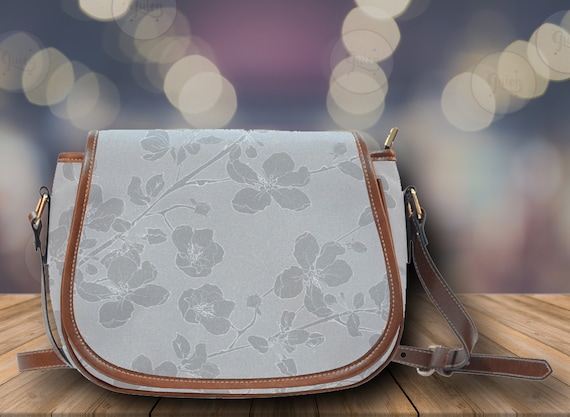 Cottagecore Gray Boho floral Vegan leather saddle bag, gray floral Cottagecore crossed body purse women, boho floral bag, hippies boho gift