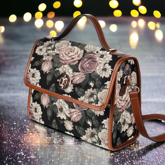 Cottagecore Rose foral Canvas Satchel bag, Cute women rose moon crossed body purse, cute vegan leather strap goth bag, hippies boho gift