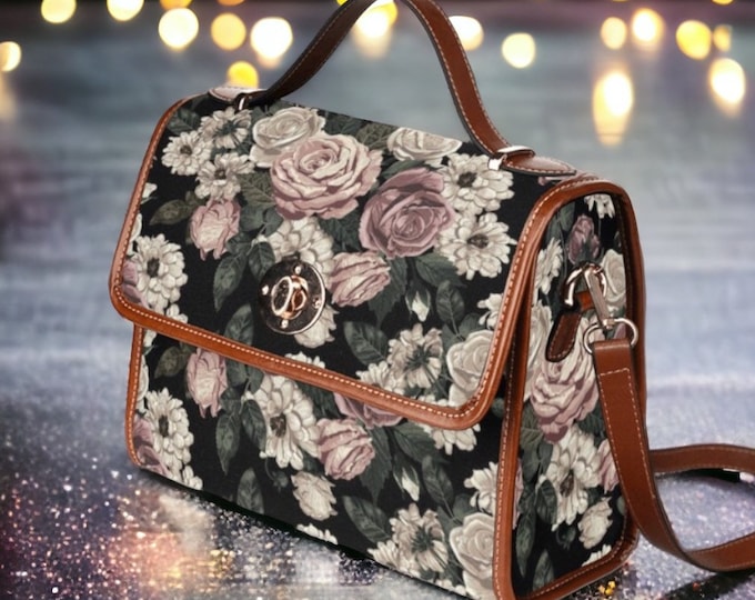 Cottagecore Rose foral Canvas Satchel bag, Cute women rose moon crossed body purse, cute vegan leather strap goth bag, hippies boho gift
